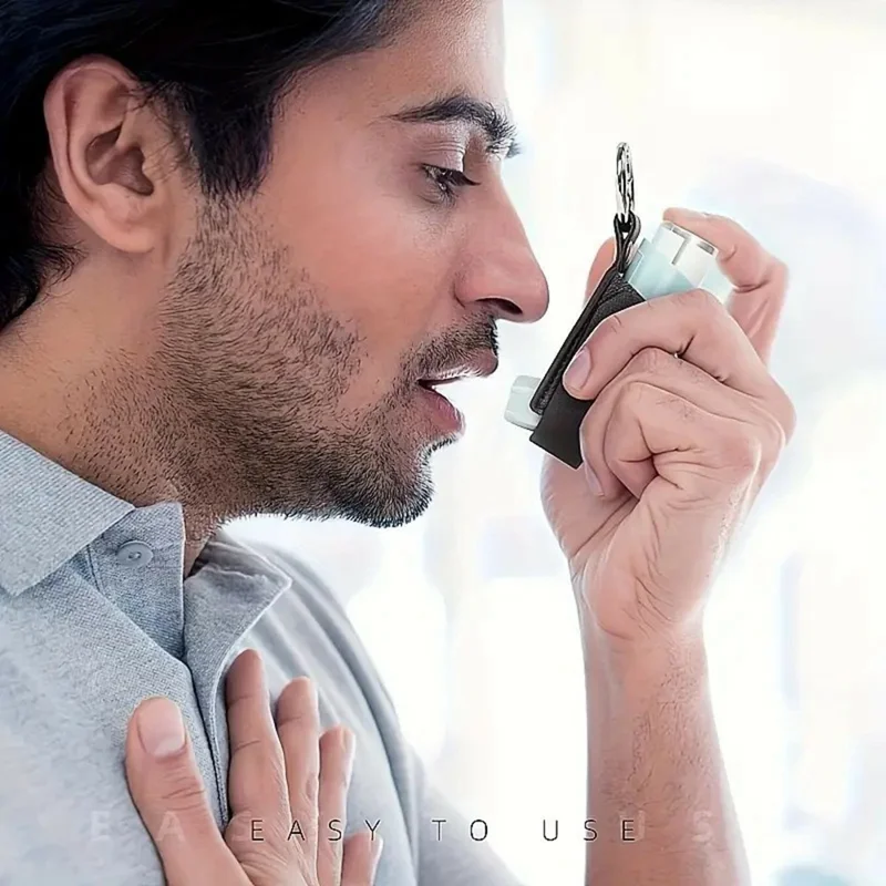 Etui na inhalator z uchwytem w kształcie pierścienia i uchwytu z linki ze sztucznej skóry do przenoszenia leków na astmę - Czarny