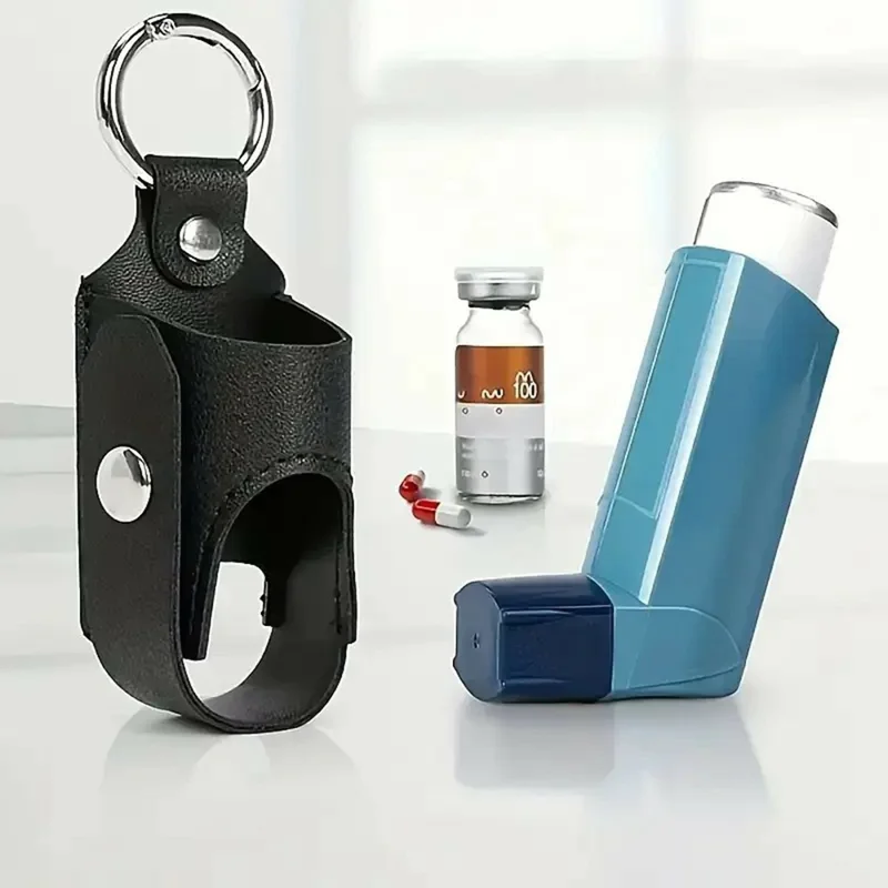 Etui na inhalator z uchwytem w kształcie pierścienia i uchwytu z linki ze sztucznej skóry do przenoszenia leków na astmę - Czarny