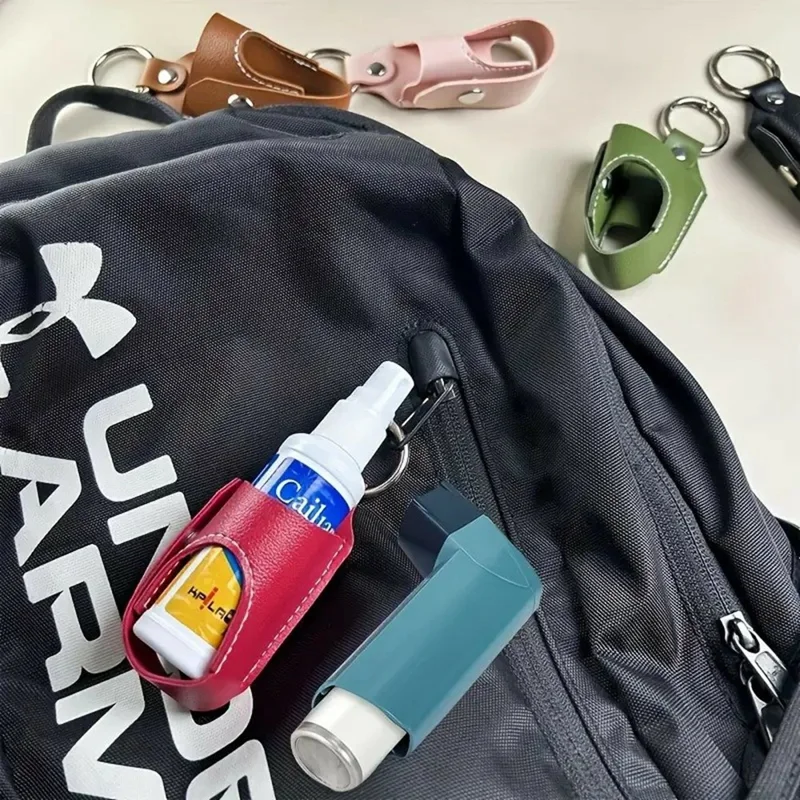 Etui na inhalator z uchwytem w kształcie pierścienia i uchwytu z linki ze sztucznej skóry do przenoszenia leków na astmę - Czarny