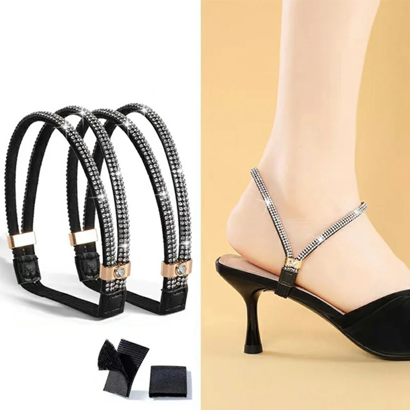 High Heel Shoe Straps Set No Install Elastic Anti-slip Ankle Bands Kit for Sandals Pumps - Schwarz / Strass