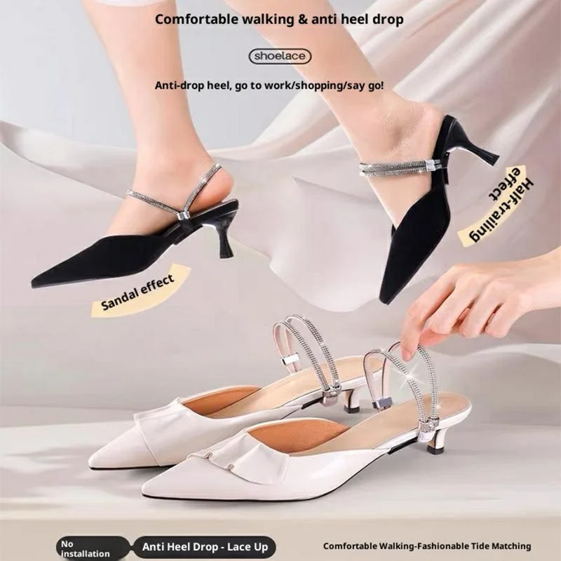 High Heel Shoe Straps Set No Install Elastic Anti-slip Ankle Bands Kit for Sandals Pumps - Schwarz / Strass