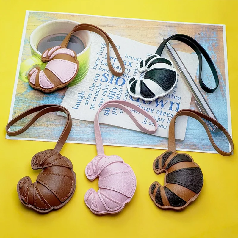 Kreatywny brelok w kształcie croissanta z sztucznej skóry PU, uroczy wisiorek na torbę w kształcie bułki, zawieszka - biały / czarny