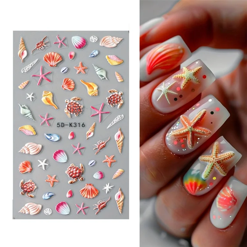 5D-K316 3D negleklæbemærker Relief Ocean Theme Muslinger, Søstjerner, Skildpadde, Delfin, Selvklæbende neglekunst Decals
