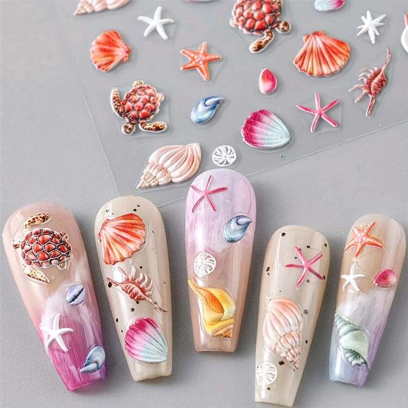 5D-K316 3D negleklæbemærker Relief Ocean Theme Muslinger, Søstjerner, Skildpadde, Delfin, Selvklæbende neglekunst Decals