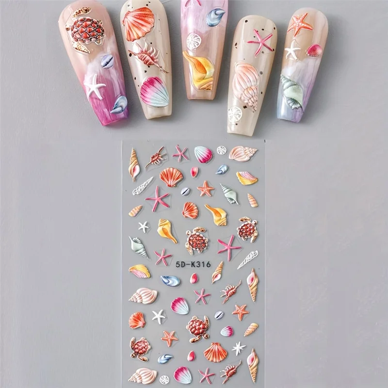 5D-K316 3D negleklæbemærker Relief Ocean Theme Muslinger, Søstjerner, Skildpadde, Delfin, Selvklæbende neglekunst Decals