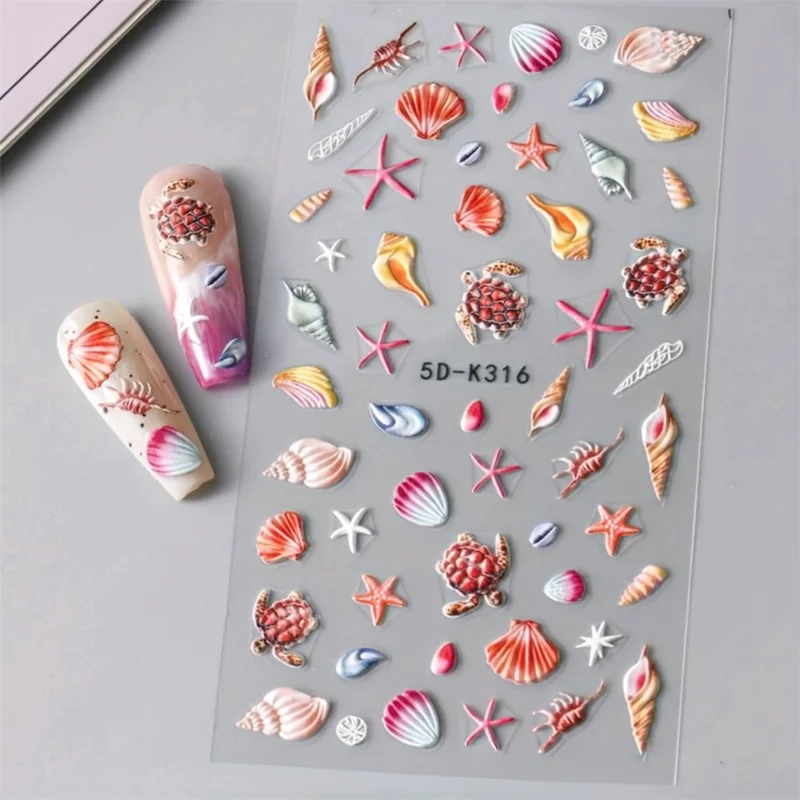 5D-K316 3D negleklæbemærker Relief Ocean Theme Muslinger, Søstjerner, Skildpadde, Delfin, Selvklæbende neglekunst Decals