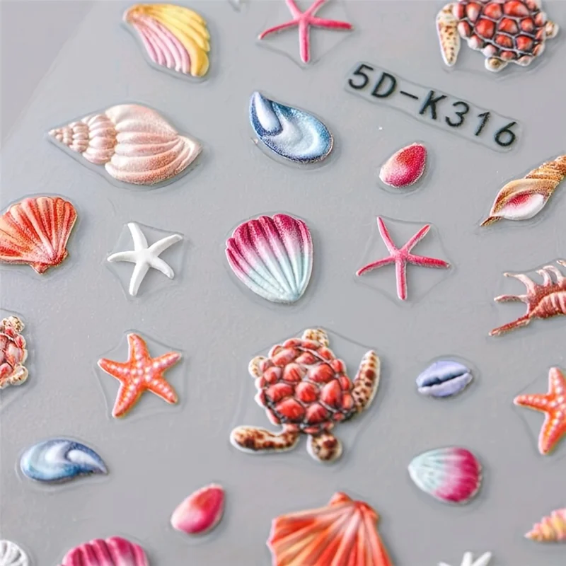 5D-K316 3D negleklæbemærker Relief Ocean Theme Muslinger, Søstjerner, Skildpadde, Delfin, Selvklæbende neglekunst Decals