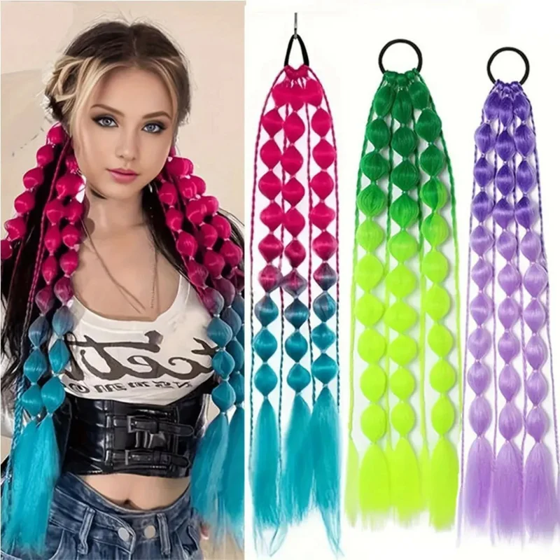 Gradient Bubbla Ponytail Hår Extensions Lång Flätad Show Perruk för Scenfest Cosplay - Ljuslila / Vit