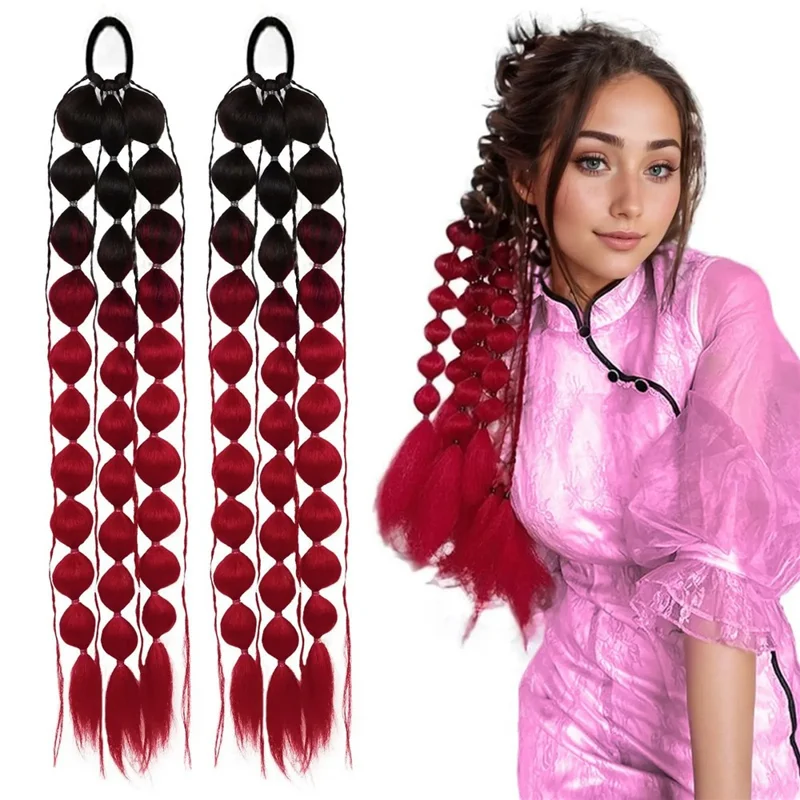 Gradient Bubbla Ponytail Hår Extensions Lång Flätad Show Perruk för Scenfest Cosplay - Ljuslila / Vit