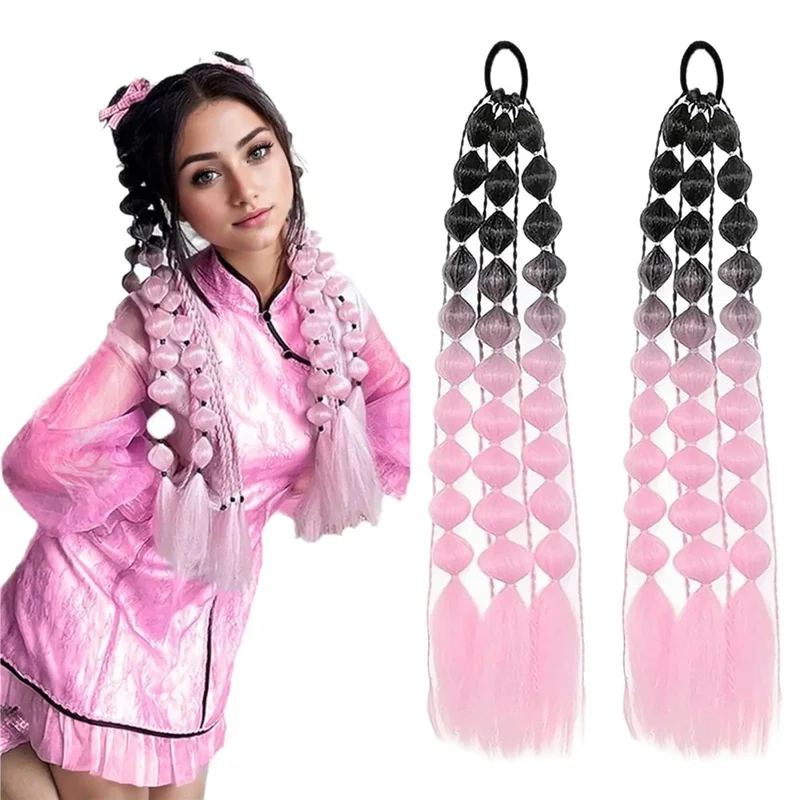 Gradient Bubbla Ponytail Hår Extensions Lång Flätad Show Perruk för Scenfest Cosplay - Ljuslila / Vit