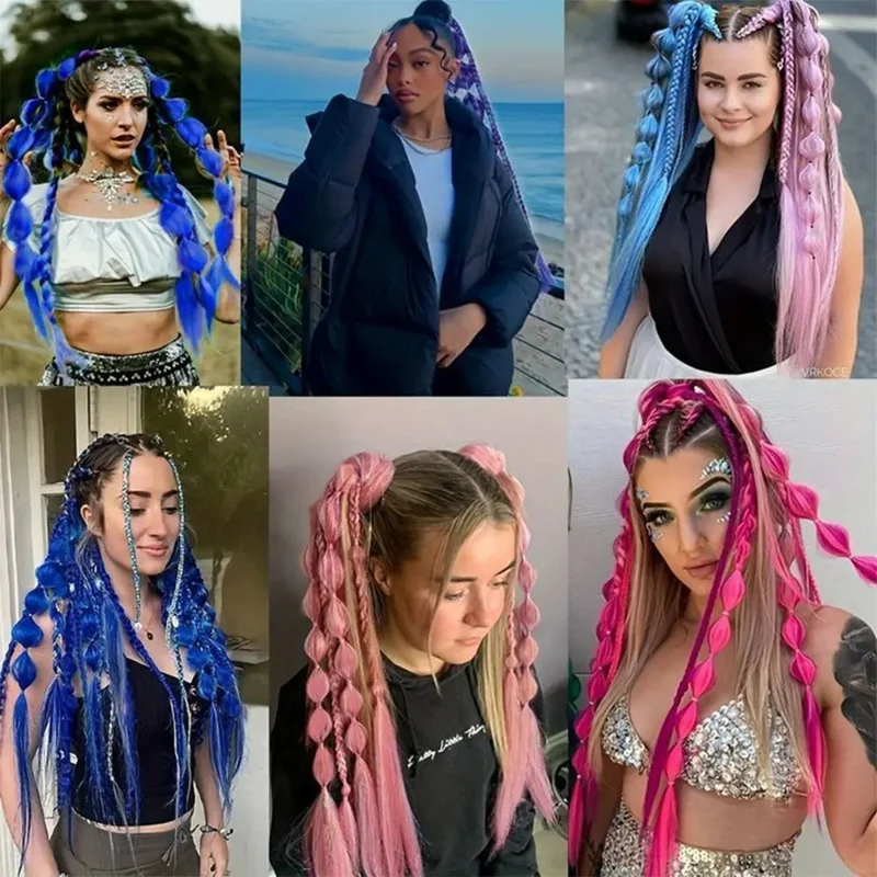 Gradient Bubbla Ponytail Hår Extensions Lång Flätad Show Perruk för Scenfest Cosplay - Ljuslila / Vit