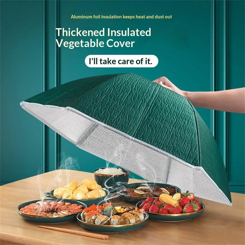 80cm Thickened Aluminum Foil Food Cover Foldable Insulated Umbrella Dome for Kitchen Table - Blackish Green