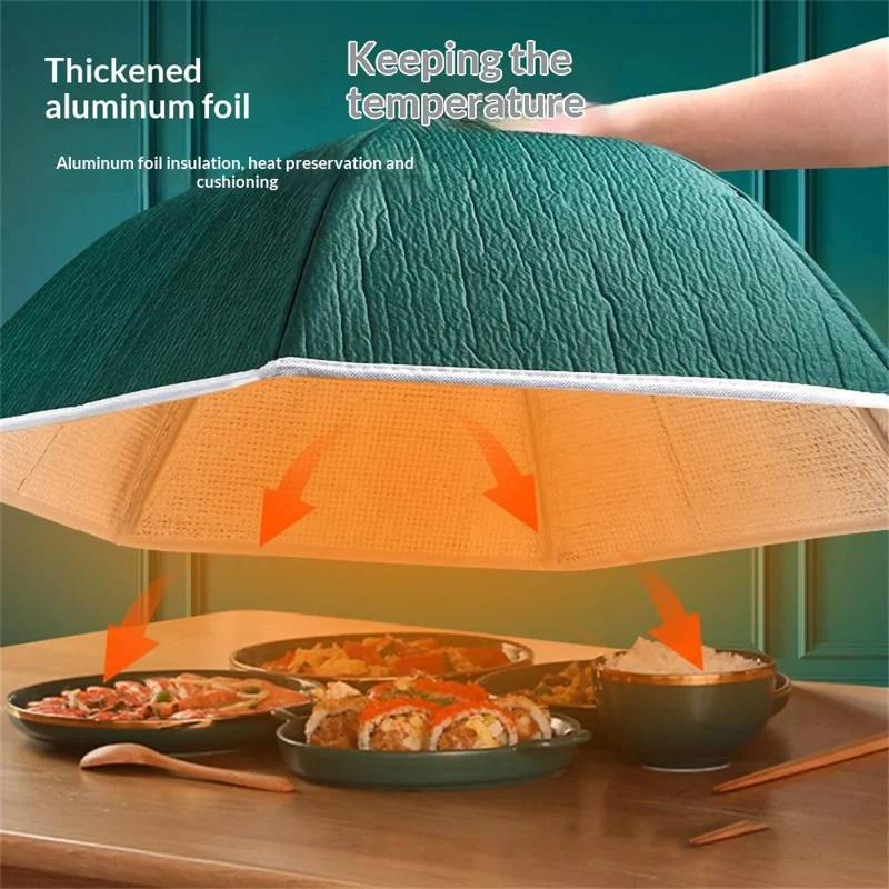 80cm Thickened Aluminum Foil Food Cover Foldable Insulated Umbrella Dome for Kitchen Table - Blackish Green