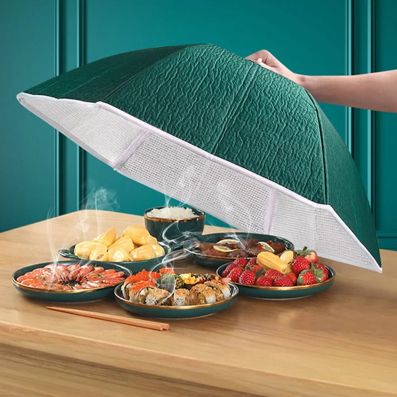 60cm Thickened Aluminum Foil Food Cover Foldable Insulated Umbrella Dome for Kitchen Table - Blackish Green