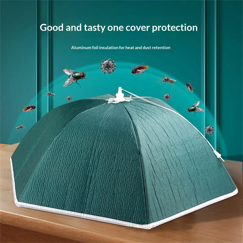 60cm Thickened Aluminum Foil Food Cover Foldable Insulated Umbrella Dome for Kitchen Table - Blackish Green