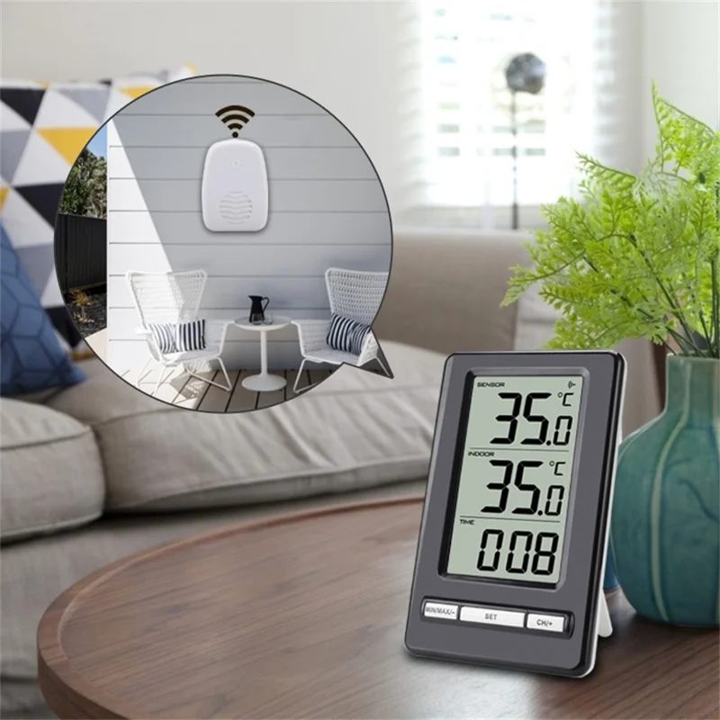 TS-WS-47 Trådløs termometerur med stort display til indendørs og udendørs brug, digital temperatur- og fugtighedsmonitor - Sort