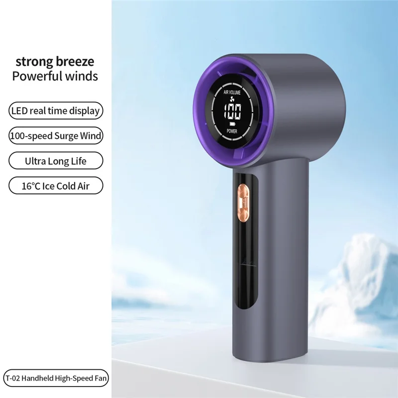 LED Display Handheld Fan 3000mAh Type-C Charging 100 Speed Levels High Speed Portable Mini Fan for Summer Cooling - Grey