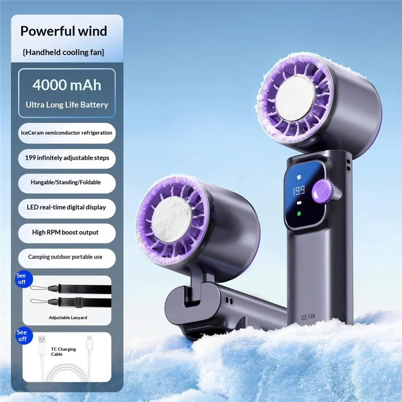 JF166 199-Speed Folding Handheld Neck Fan 4000mAh Semiconductor TEC Cooling Foldable Fan for Outdoor Travel - Grey