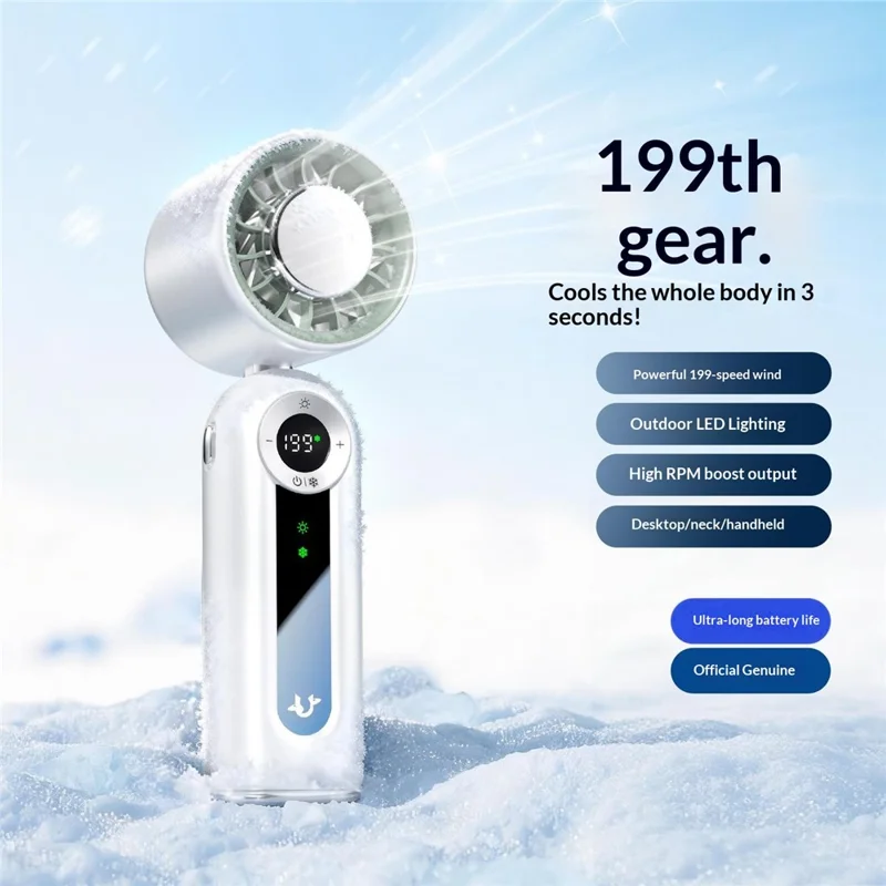 Ventaglio portatile JF163 con 199 velocità, 4000mAh, raffreddamento a semiconduttore, luce LED, ventaglio pieghevole per uso all'aperto e da tavolo - Bianco
