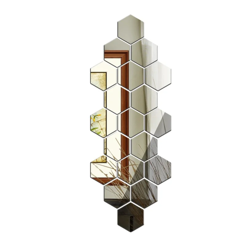 H01209 12Pcs 10 x 8.5 x 5cm Hexagon Mirror Wall Stickers Acrylic Mirror Set Wall Sticker Decal for Home Decor - Silver