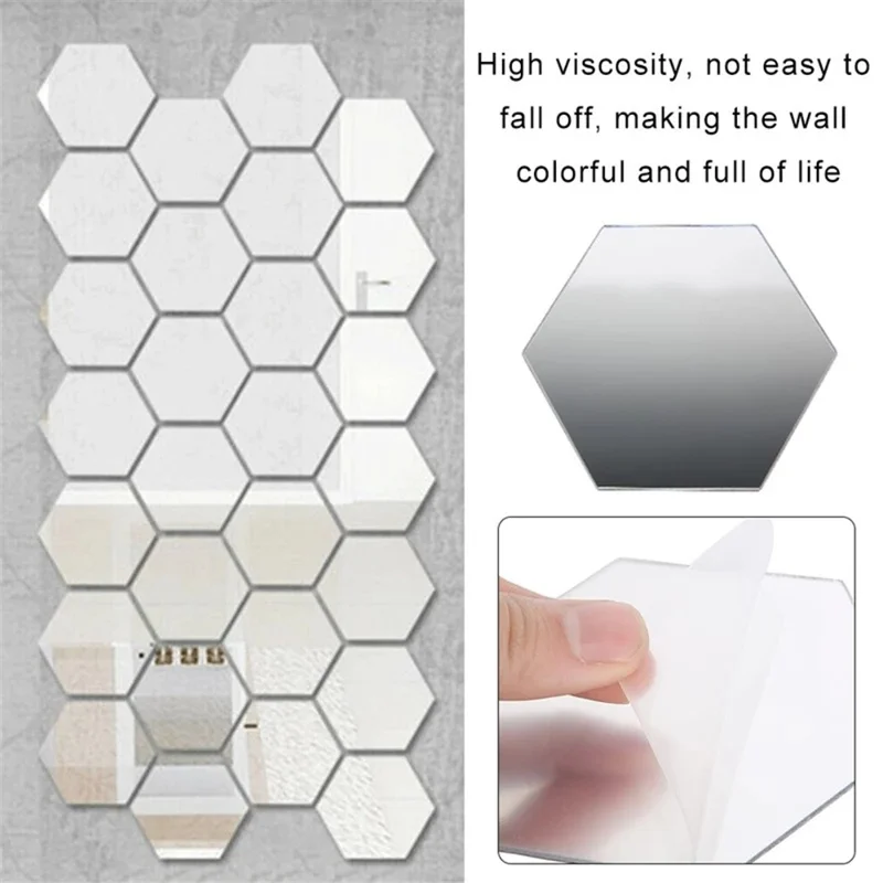 H01209 12Pcs 10 x 8.5 x 5cm Hexagon Mirror Wall Stickers Acrylic Mirror Set Wall Sticker Decal for Home Decor - Silver