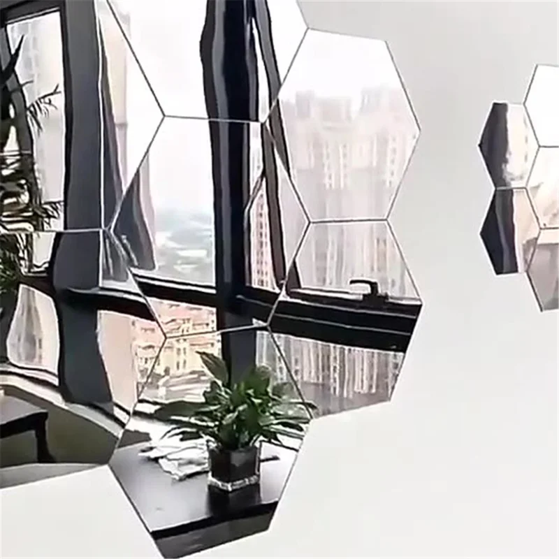 H01209 12Pcs 10 x 8.5 x 5cm Hexagon Mirror Wall Stickers Acrylic Mirror Set Wall Sticker Decal for Home Decor - Silver