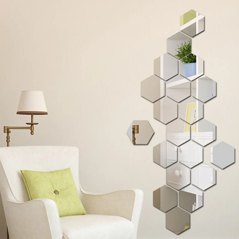 H01209 12Pcs 10 x 8.5 x 5cm Hexagon Mirror Wall Stickers Acrylic Mirror Set Wall Sticker Decal for Home Decor - Silver