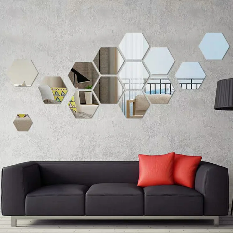 H01209 12Pcs 10 x 8.5 x 5cm Hexagon Mirror Wall Stickers Acrylic Mirror Set Wall Sticker Decal for Home Decor - Silver
