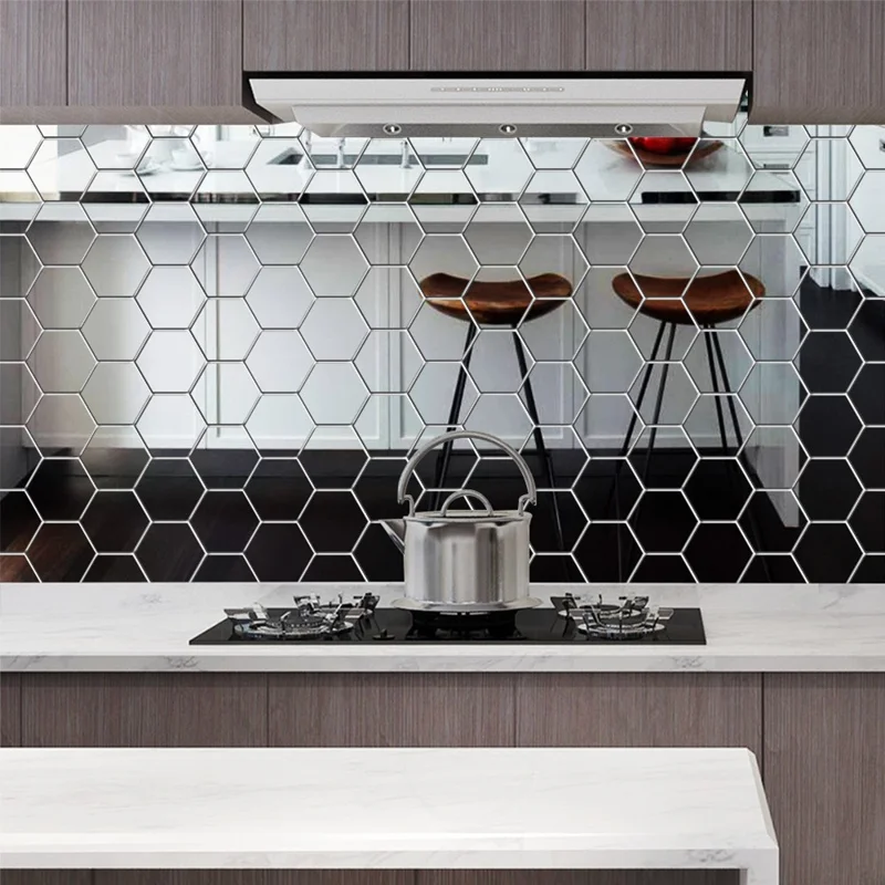 H01209 12Pcs 10 x 8.5 x 5cm Hexagon Mirror Wall Stickers Acrylic Mirror Set Wall Sticker Decal for Home Decor - Silver