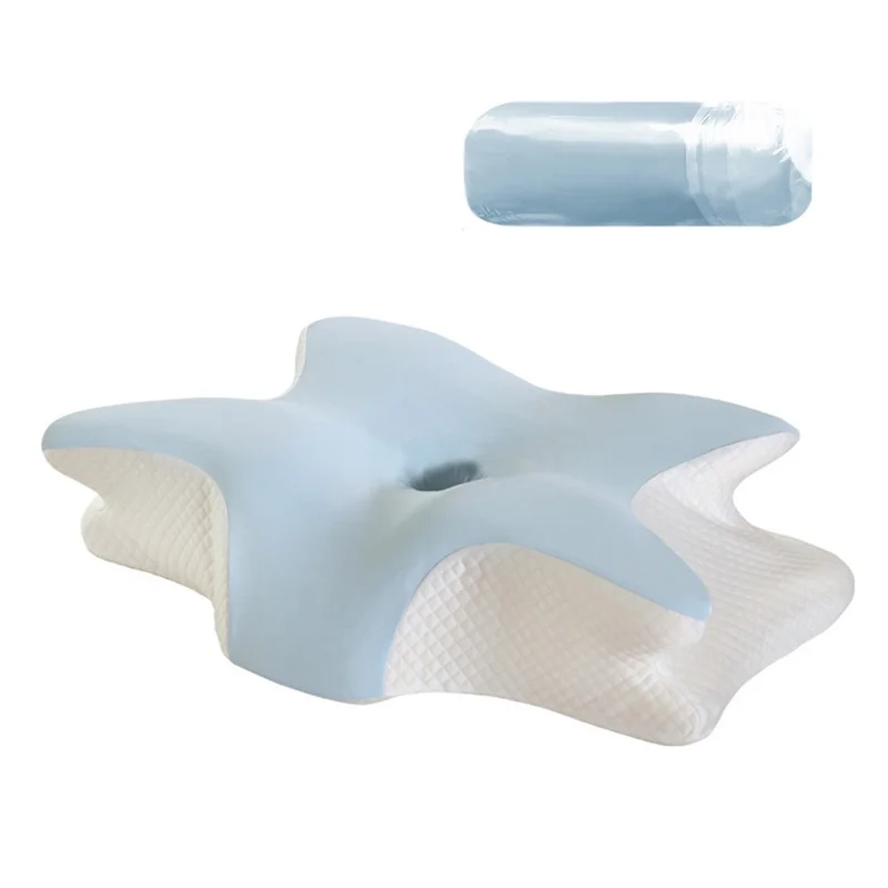 Mała poduszka w kształcie motyla 60x40x13 cm z pamięciowym piankowym rdzeniem i ściągalną poszewką, ergonomiczna poduszka pod szyję wspierająca kręgosłup szyjny - niebieska