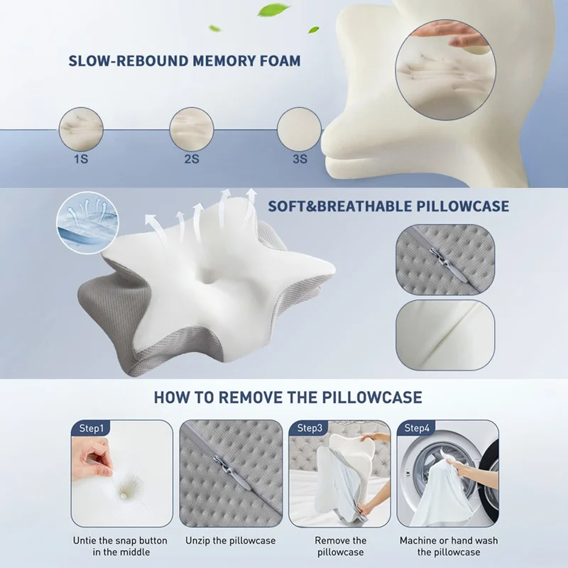 Mała poduszka w kształcie motyla 60x40x13 cm z pamięciowym piankowym rdzeniem i ściągalną poszewką, ergonomiczna poduszka pod szyję wspierająca kręgosłup szyjny - niebieska