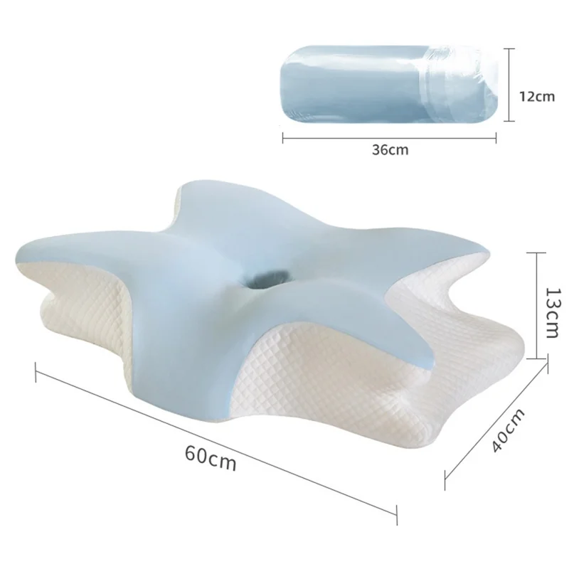 Mała poduszka w kształcie motyla 60x40x13 cm z pamięciowym piankowym rdzeniem i ściągalną poszewką, ergonomiczna poduszka pod szyję wspierająca kręgosłup szyjny - niebieska