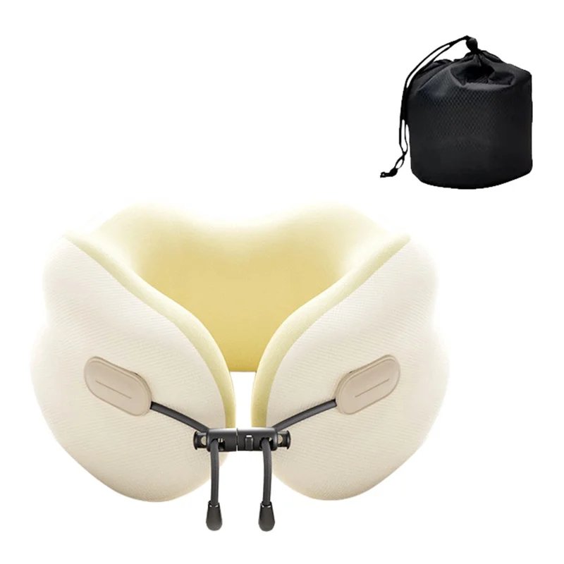 27x25x14cm Plus Size Memory Foam U-Shaped Travel Pillow Portable Neck Support Pillow with Storage Bag for Airplane Office - White