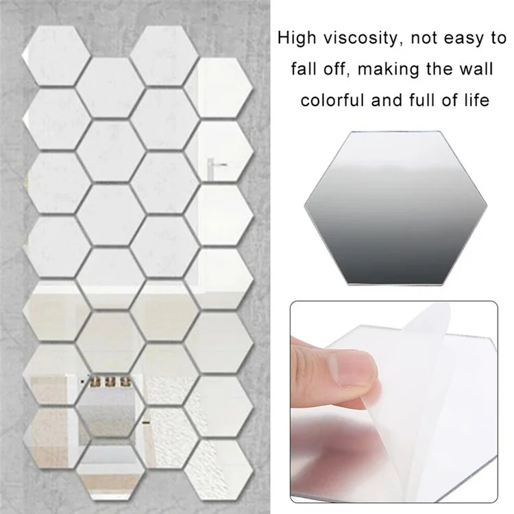 H01209 12Stück 20 x 17,3 x 10cm Hexagon Spiegel Wandaufkleber für Wohnzimmer, Schlafzimmer Acryl Spiegel Set Wandaufkleber - Silber