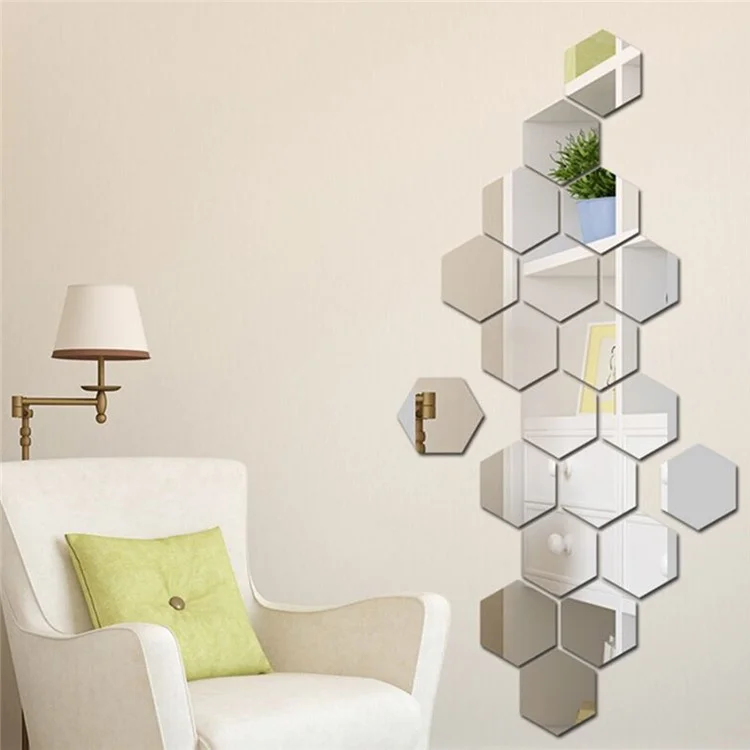 H01209 12Pcs 20 x 17.3 x 10cm Hexagon Mirror Wall Stickers for Living Room, Bedroom Acrylic Mirror Set Wall Sticker Decal - Silver