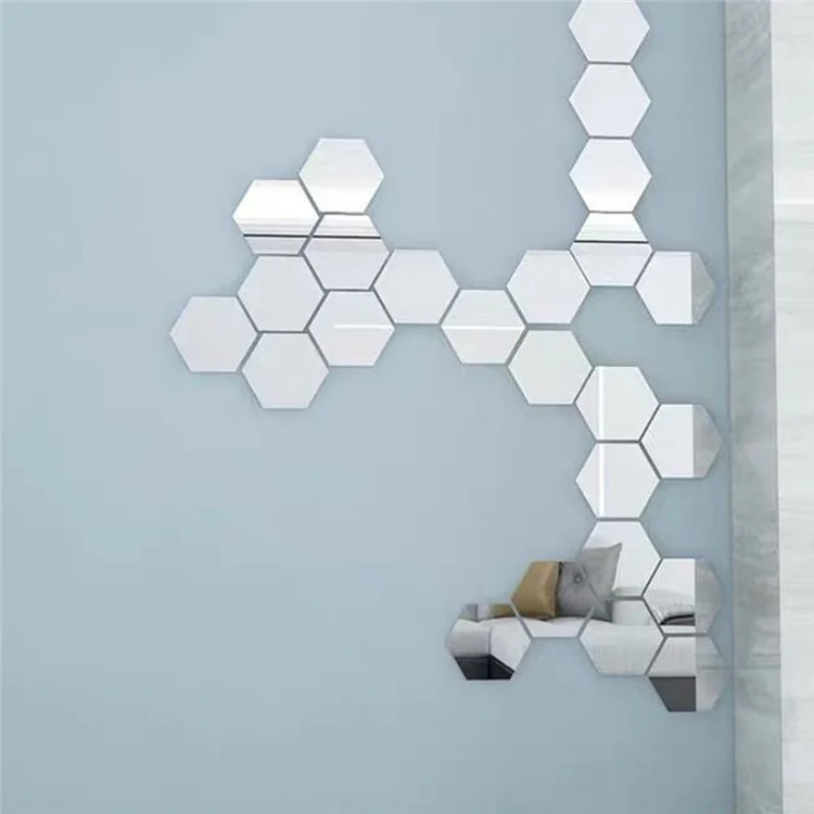 H01209 12Pcs 20 x 17.3 x 10cm Hexagon Mirror Wall Stickers for Living Room, Bedroom Acrylic Mirror Set Wall Sticker Decal - Silver