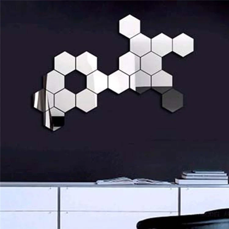 H01209 12Pcs 20 x 17.3 x 10cm Hexagon Mirror Wall Stickers for Living Room, Bedroom Acrylic Mirror Set Wall Sticker Decal - Silver