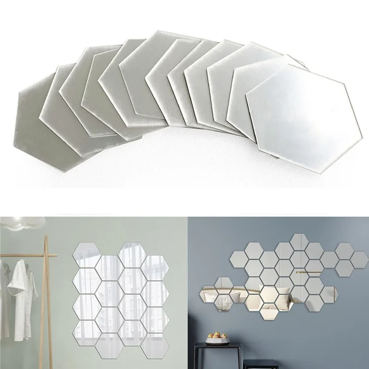 H01209 12Pcs 20 x 17.3 x 10cm Hexagon Mirror Wall Stickers for Living Room, Bedroom Acrylic Mirror Set Wall Sticker Decal - Silver