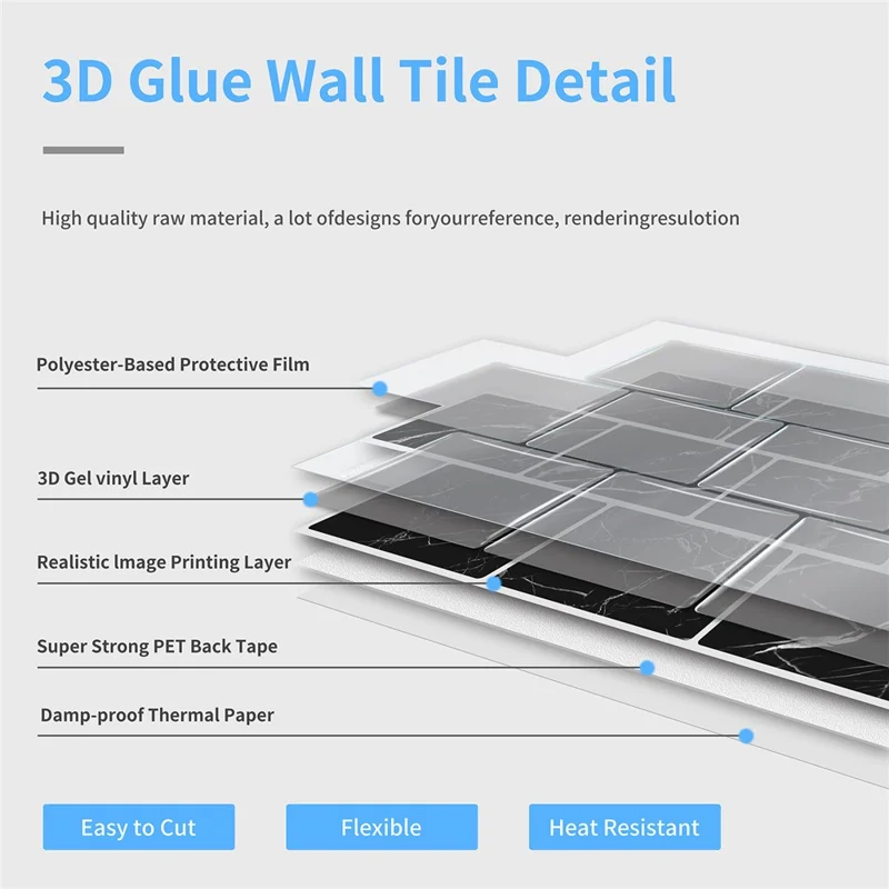 24Pcs 15.25x30.5x0.12cm 3D Peel and Stick Wall Tiles Marble Pattern Self-Adhesive Waterproof Wall Decals Stickers for Kitchen Bathroom - D-001