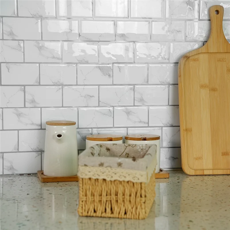 24Pcs 15.25x30.5x0.12cm 3D Peel and Stick Wall Tiles Marble Pattern Self-Adhesive Waterproof Wall Decals Stickers for Kitchen Bathroom - D-001