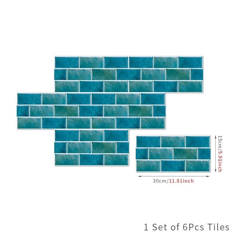 6 Stück 15x30x0,18 cm Wasserdichte selbstklebende Wandaufkleber PVC Ziegeloptik Wandtattoos Fliesen für Küche Bad - FG04 / Pfauenblau