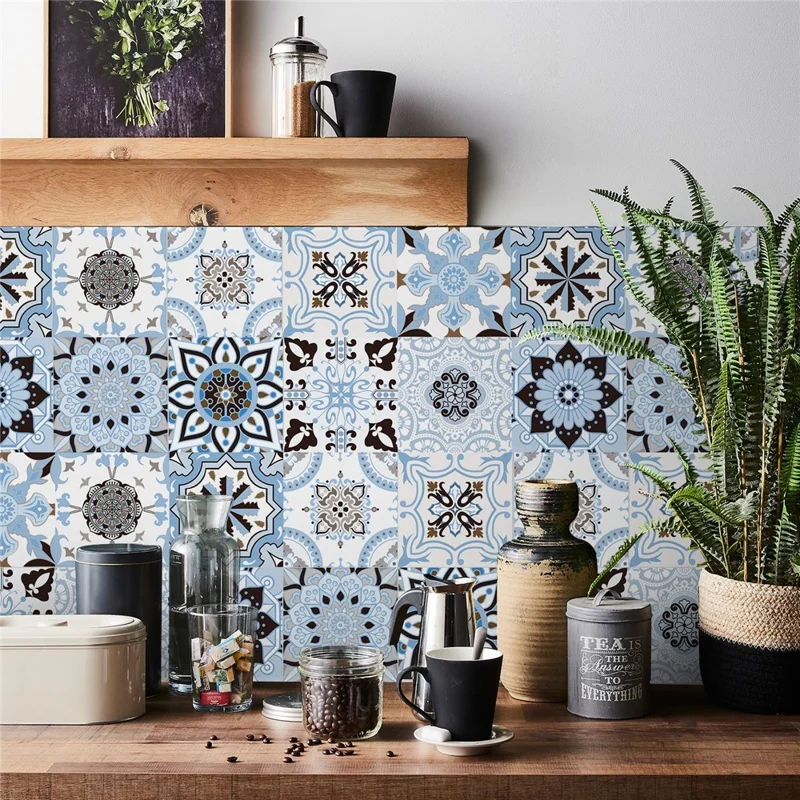 24Pcs 20x20cm Self-Adhesive PVC Waterproof Wall Tiles Moroccan Style Decorative Wall Stickers for Kitchen Bathroom - HZ029