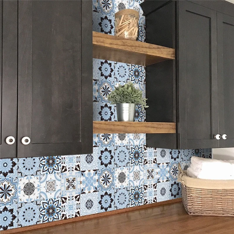 24Pcs 20x20cm Self-Adhesive PVC Waterproof Wall Tiles Moroccan Style Decorative Wall Stickers for Kitchen Bathroom - HZ029