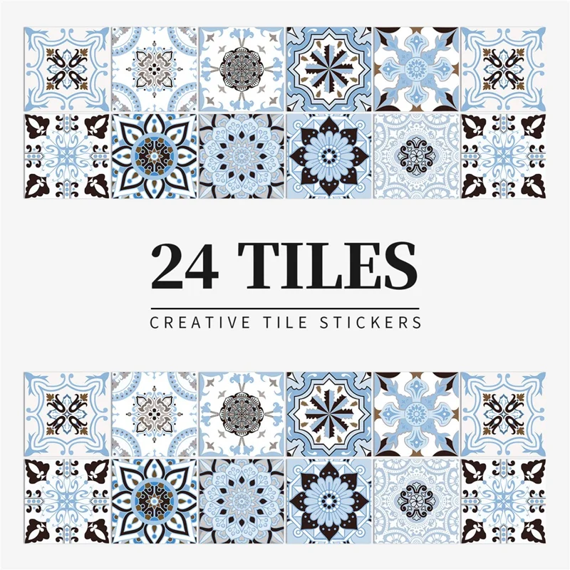 24Pcs 20x20cm Self-Adhesive PVC Waterproof Wall Tiles Moroccan Style Decorative Wall Stickers for Kitchen Bathroom - HZ029