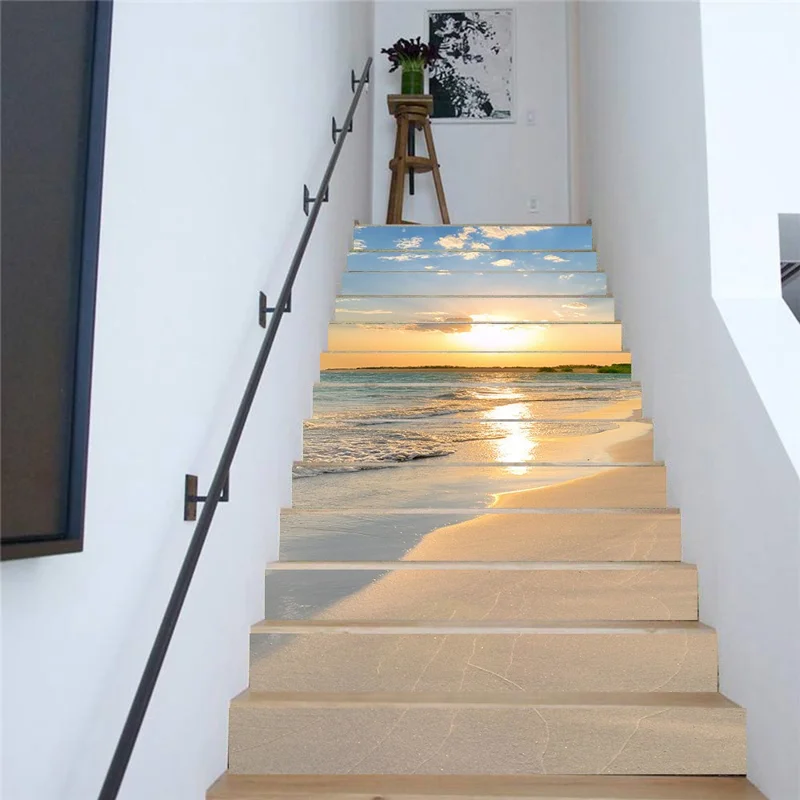 13-teilige 18x100 cm Treppenaufkleber Strand-Sonnenuntergang-Design, wasserdicht, aus hochwertigem PVC, Treppenstufenaufsätze für die Wohnraumdekoration - LT-063