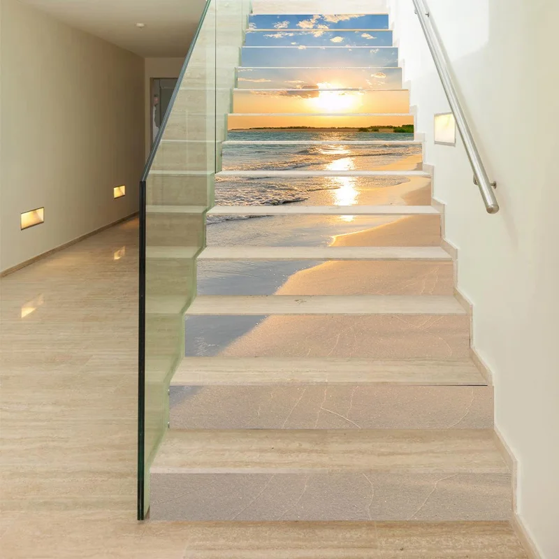 13-teilige 18x100 cm Treppenaufkleber Strand-Sonnenuntergang-Design, wasserdicht, aus hochwertigem PVC, Treppenstufenaufsätze für die Wohnraumdekoration - LT-063