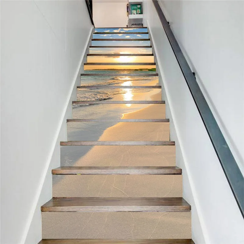 13-teilige 18x100 cm Treppenaufkleber Strand-Sonnenuntergang-Design, wasserdicht, aus hochwertigem PVC, Treppenstufenaufsätze für die Wohnraumdekoration - LT-063