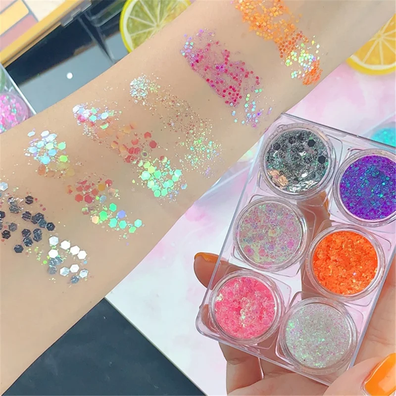 6 Colors Glitter Gel Set Chunky Holographic Body Glitter for Face Glitter Makeup Eye Lips Hair Nail Glitter Eyeshadow, No Need Glue - 102#