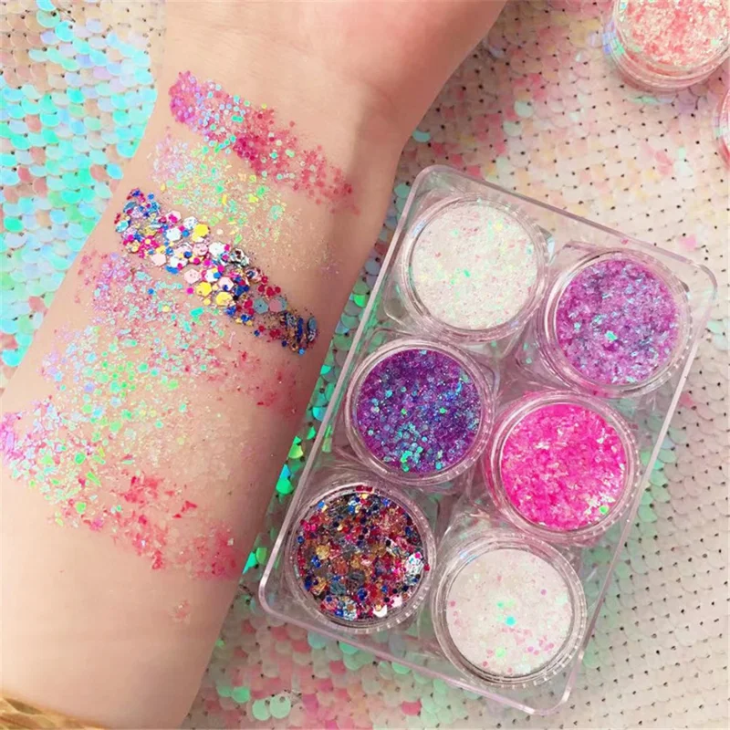 6 Colors Glitter Gel Set Chunky Holographic Body Glitter for Face Glitter Makeup Eye Lips Hair Nail Glitter Eyeshadow, No Need Glue - 110#