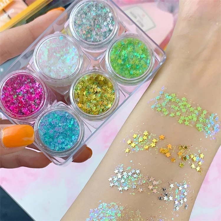 6 Colors Glitter Gel Set Chunky Holographic Body Glitter for Face Glitter Makeup Eye Lips Hair Nail Glitter Eyeshadow, No Need Glue - 105#